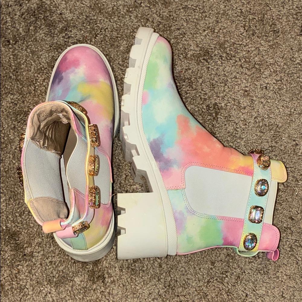 Kids Rainbow Tie-Dye Ankle Boots with Jewel Buckles